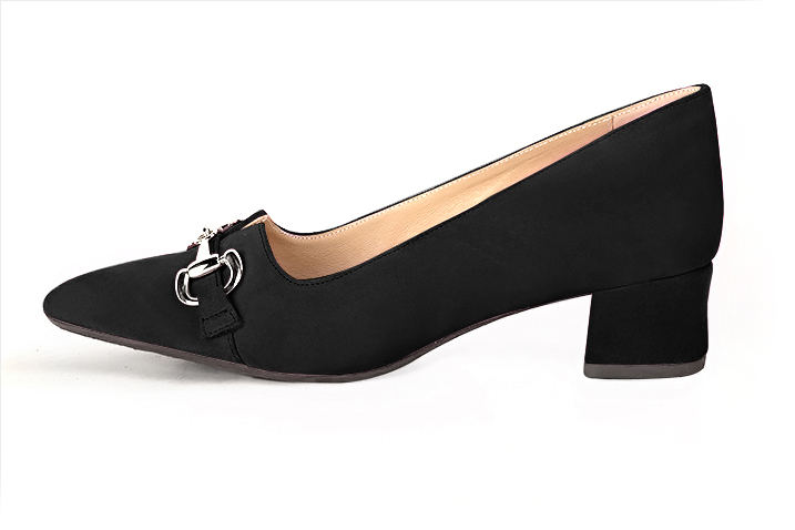 Matt black women's dress pumps,with a square neckline. Tapered toe. Low flare heels. Profile view - Florence KOOIJMAN